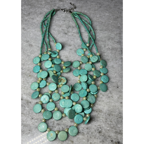 Turquoise Tone Cascade Necklace 4 Strand Layered Discs Beaded Faux Pearl Jewelry - Picture 2 of 8